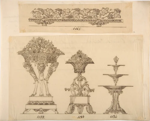 Designs for a Decorative Frieze, Two Planters and a Server by anonymous, drawing, 1800-1899