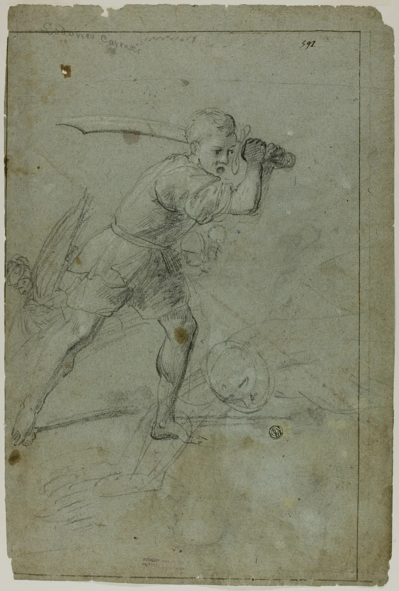 David Beheading Goliath (recto); Sketch of Draped Female Figure with Right Arm Raised Above Head (verso) by Domenico Fiasella, drawing, 1600-1699