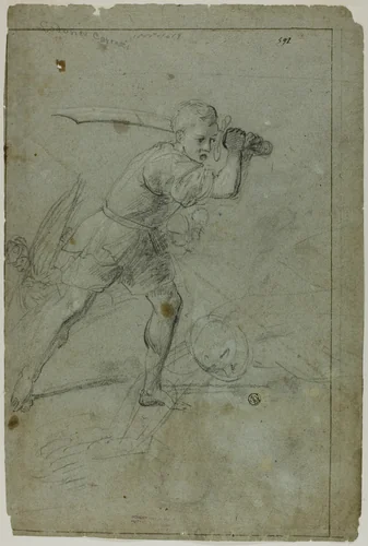 David Beheading Goliath (recto); Sketch of Draped Female Figure with Right Arm Raised Above Head (verso) by Domenico Fiasella, drawing, 1600-1699
