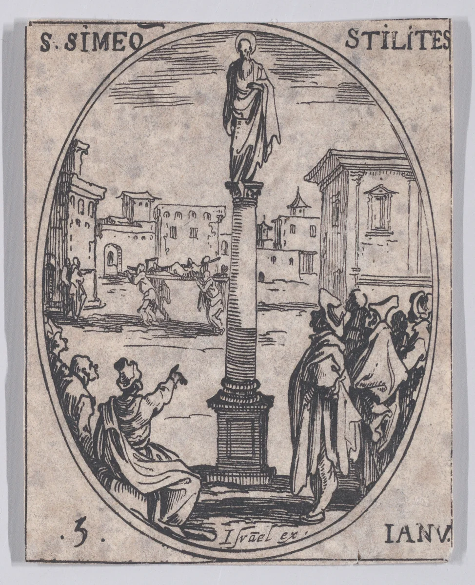 S. Siméone Stylite (St. Simeon Stylites), January 5th, from "Les Images De Tous Les Saincts et Saintes de L'Année" (Images of All of the Saints and Feast Days of the Year) by Jacques Callot, print, 1636