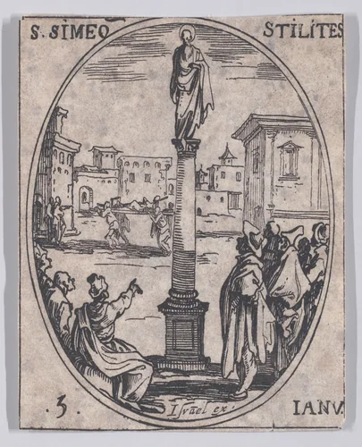 S. Siméone Stylite (St. Simeon Stylites), January 5th, from "Les Images De Tous Les Saincts et Saintes de L'Année" (Images of All of the Saints and Feast Days of the Year) by Jacques Callot, print, 1636