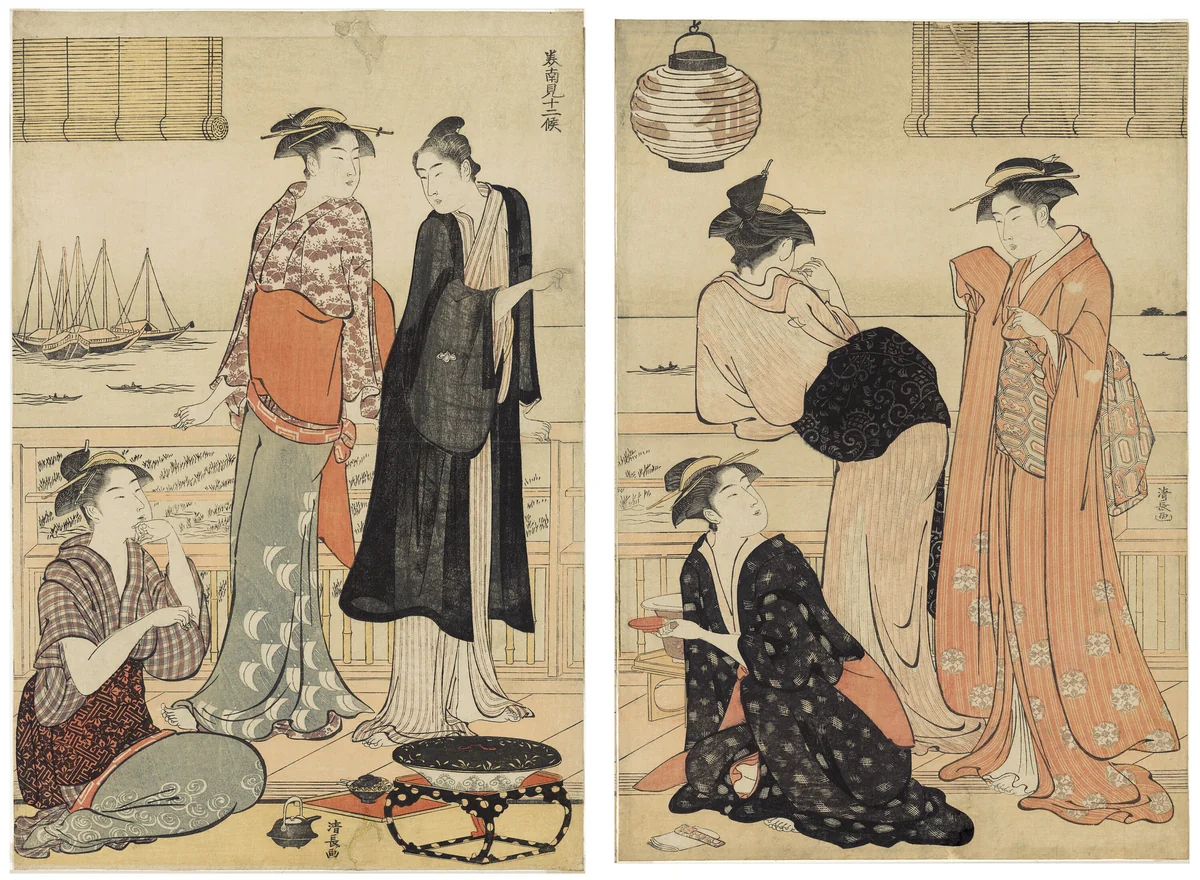 The Sixth Month, Enjoying the Evening Cool in a Teahouse, from the series The Twelve Months in the Southern Quarter (Minami jūni kō) by Torii Kiyonaga (鳥居清長), print, 1779-1789