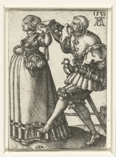 Dansend paar met de armen omhoog by Unknown, print, 1538