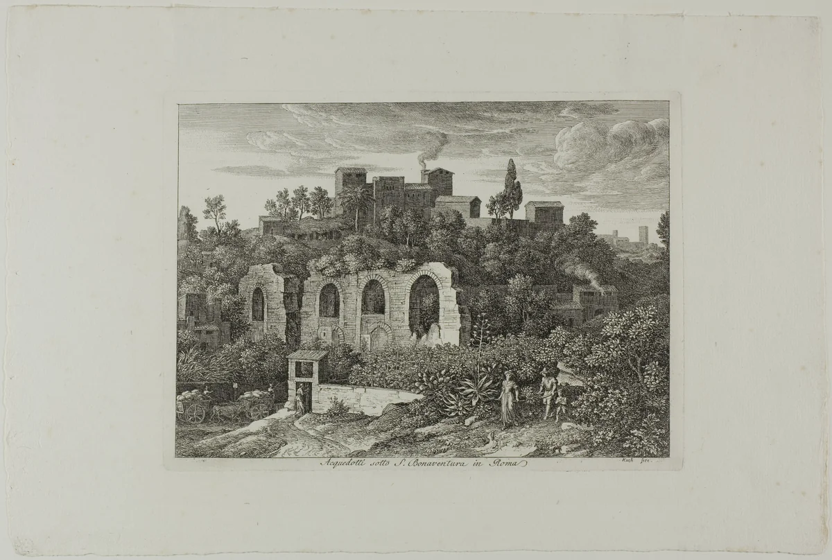 Aqueduct Below the Monastery of St. Bonaventura in Rome, plate ten from Die Römische Ansichten by Joseph Anton Koch, print, 1810