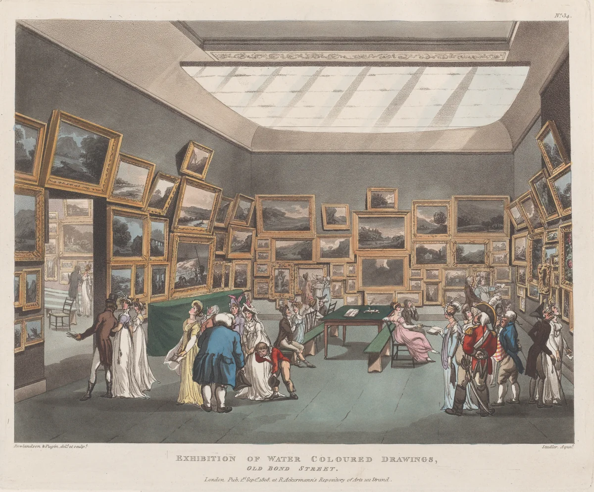 Exhibition of Water Coloured Drawings, Old Bond Street by Thomas Rowlandson, print, 1808