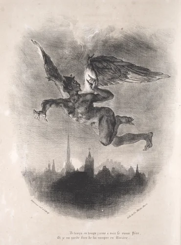 Illustrations for Faust: Méphistophélés in the air by Eugène Delacroix, print, 1828