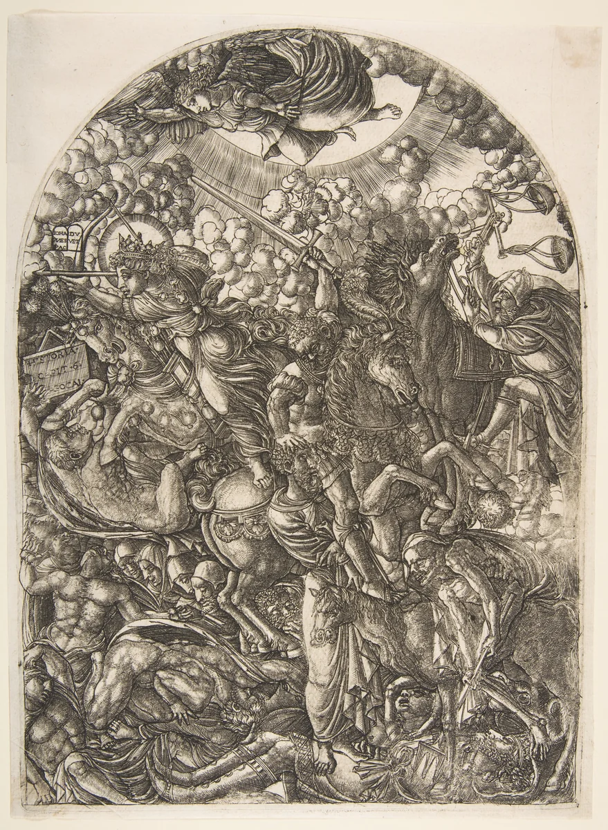 Saint John sees the Four Horsemen, from the Apocalyspe by Jean Duvet, print, 1480-1570