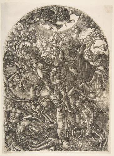 Saint John sees the Four Horsemen, from the Apocalyspe by Jean Duvet, print, 1480-1570