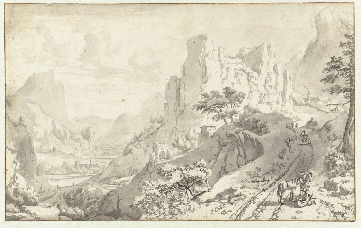 Mountain Landscape with Travellers on a Road by Jan van Aken, drawing, 1652
