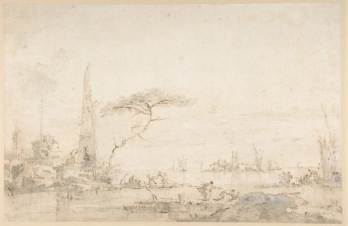 Lagoon Capriccio with an Obelisk by Francesco Guardi, drawing, 1750-1770
