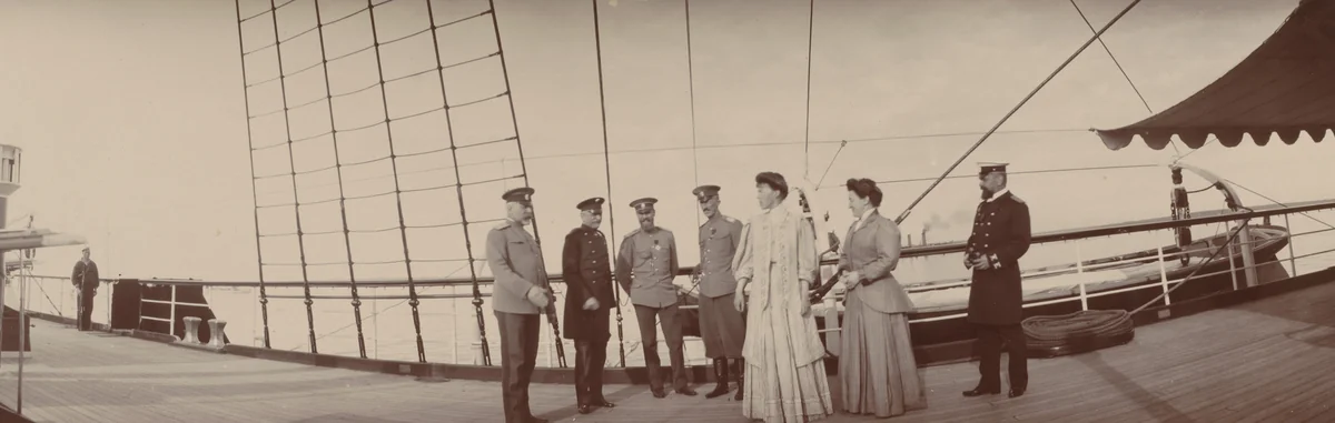 Grand Duchess Olga Alexandrovna, General Heiden and Others on Ship Deck, Ravel by Unidentified Photographer, photograph, 1908
