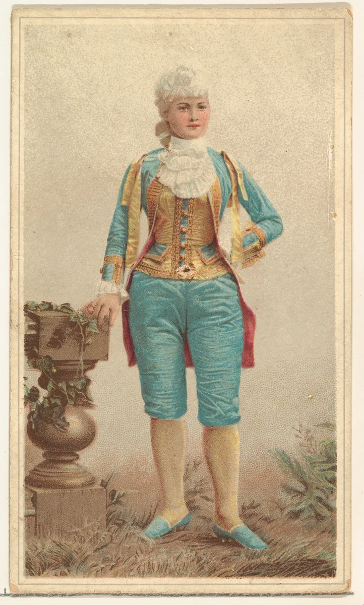 Actress wearing ornate costume with gold bodice and blue trousers, from Stars of the Stage, Second Series (N130) issued by Duke Sons & Co. to promote Honest Long Cut Tobacco by W. Duke, Sons & Co., print, 1891