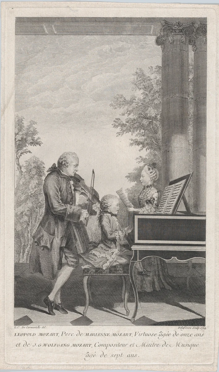 Leopold Mozart and His Children Maria Anna and Wolfgang Giving a Concert in Paris by Jean-Baptiste Joseph Delafosse, print, 1764