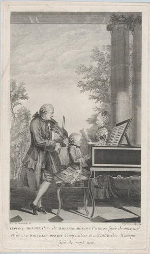 Leopold Mozart and His Children Maria Anna and Wolfgang Giving a Concert in Paris by Jean-Baptiste Joseph Delafosse, print, 1764