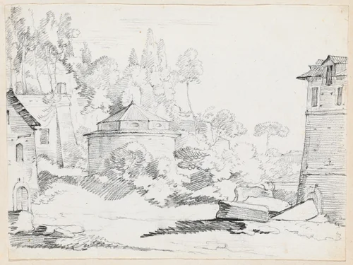 Landscape with the Church of San Teodoro by Joseph-Marie Vien, drawing, 1744-1750