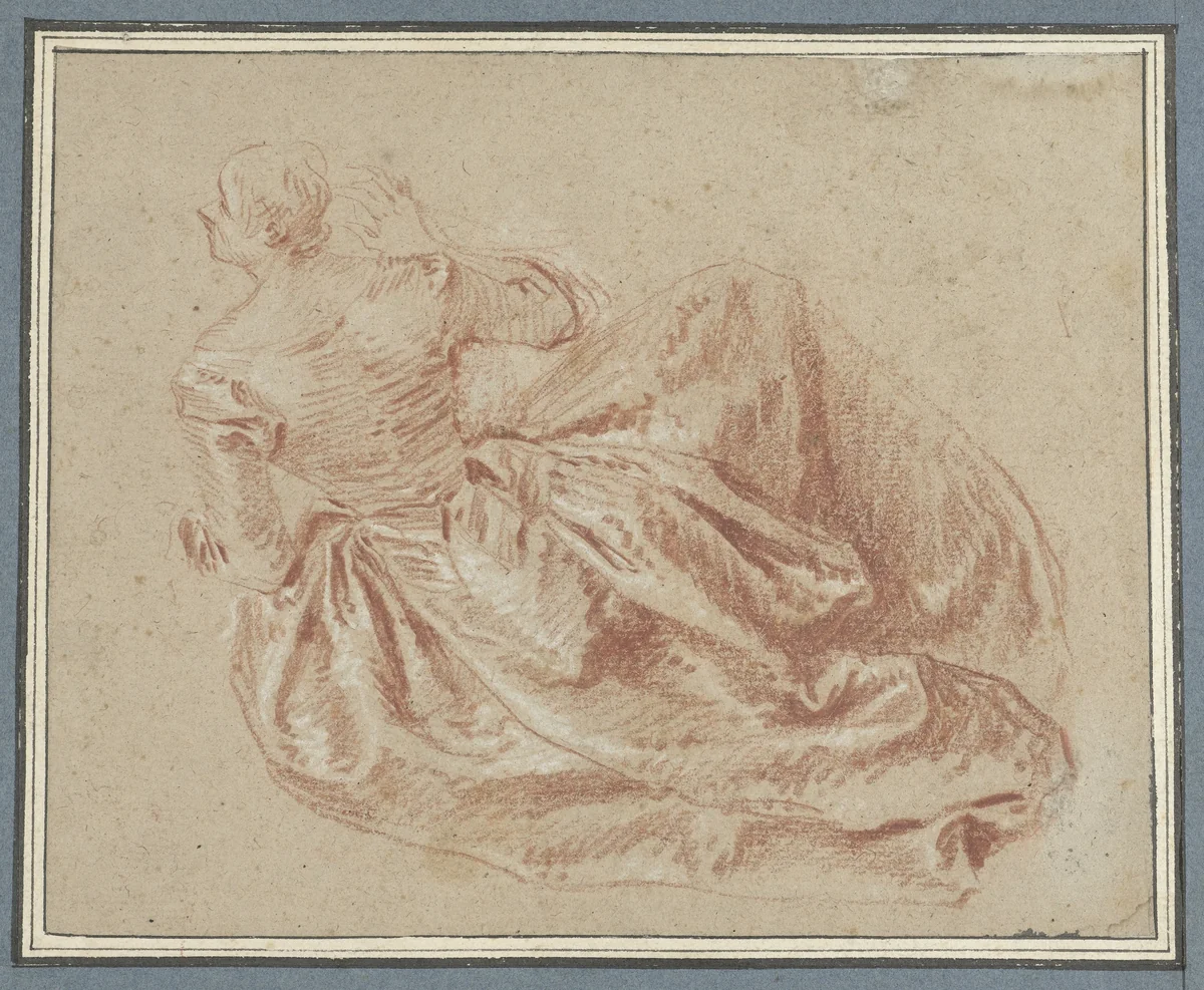 Op de grond zittende dame by Jean Baptiste François Pater, drawing, 1705-1736