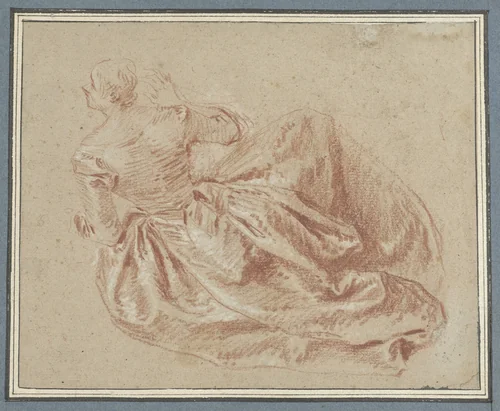 Op de grond zittende dame by Jean Baptiste François Pater, drawing, 1705-1736