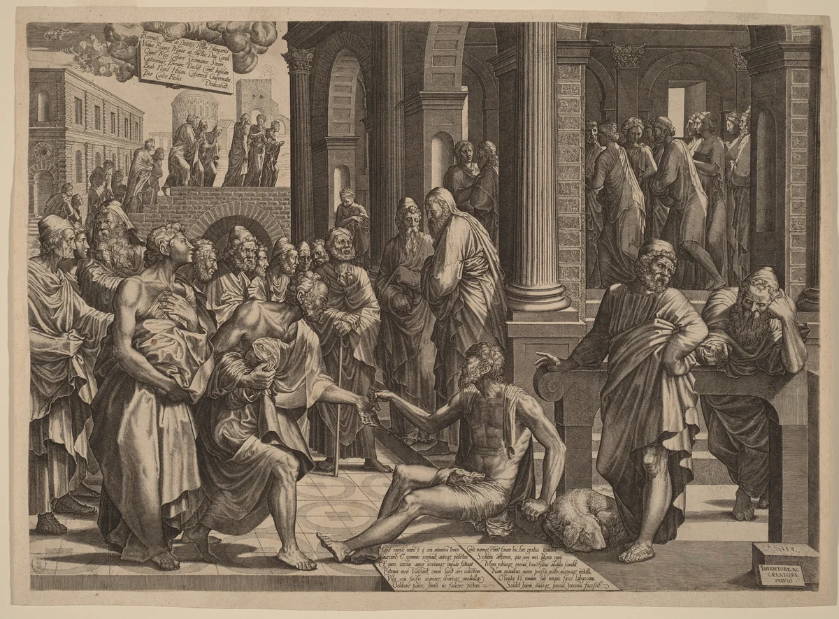 Apostles Peter and John Healing the Paralytic by Lambert Suavius, print, 1553