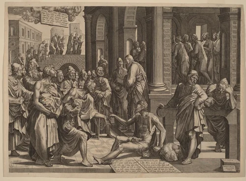 Apostles Peter and John Healing the Paralytic by Lambert Suavius, print, 1553