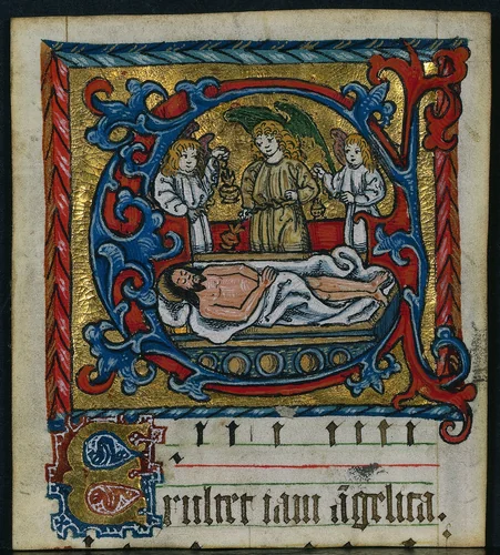 Three Cuttings from a Missal: Initial E with the Angels of the Entombment by Unknown, manuscript, 1465-1505