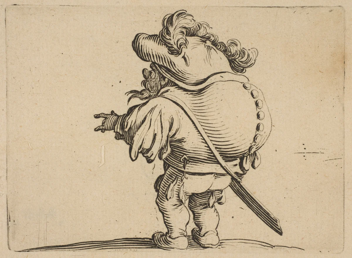 L'Homme au Gros Dos Orné d'Une Rangée de Boutons (Man with a Large Back Ornamented with a Row of Buttons), from "Varie Figure Gobbi, suite appelée aussi Les Bossus, Les Pygmées, Les Nains Grotesques" (Various Hunchbacked Figures, The Hunchbacks, The Pygmes, The Grotesque Dwarfs) by Jacques Callot, print, 1616-1622