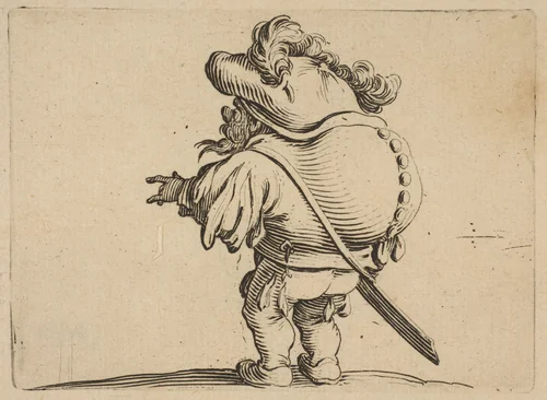 L'Homme au Gros Dos Orné d'Une Rangée de Boutons (Man with a Large Back Ornamented with a Row of Buttons), from "Varie Figure Gobbi, suite appelée aussi Les Bossus, Les Pygmées, Les Nains Grotesques" (Various Hunchbacked Figures, The Hunchbacks, The Pygmes, The Grotesque Dwarfs) by Jacques Callot, print, 1616-1622