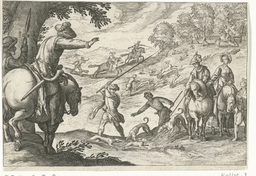 Landschap met hazenjacht by Egbert Jansz., print, 1598