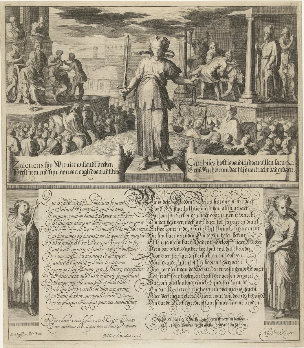Vrouwe Justitia voor het oordeel van Zaleucus en het oordeel van Cambyses by Unknown, print, 1590-1638