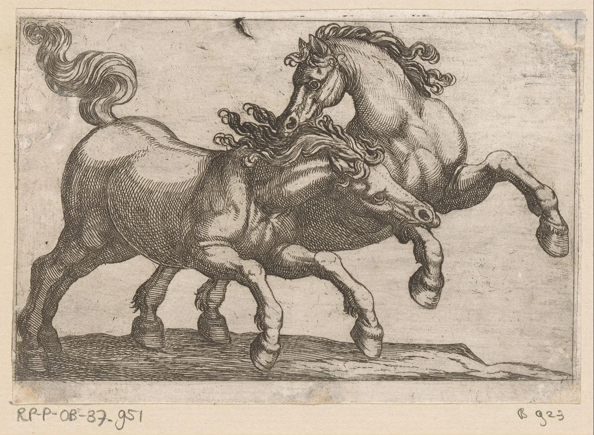 Twee vechtende paarden by Antonio Tempesta, print, 1600