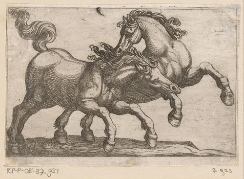 Twee vechtende paarden by Antonio Tempesta, print, 1600