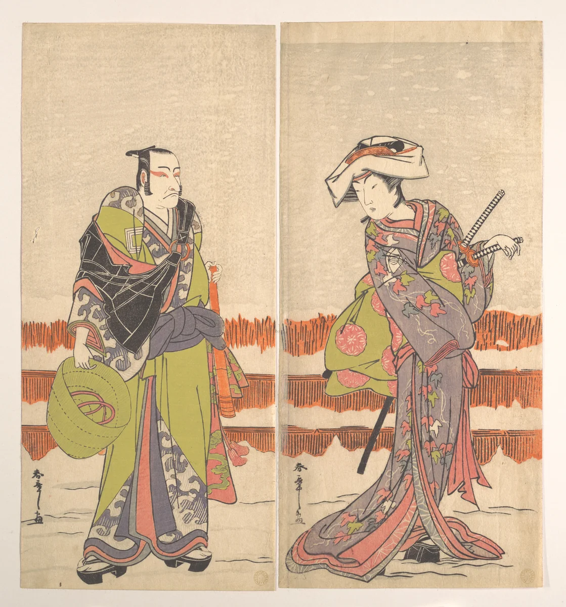 Ichikawa Danjuro Fifth as a Komuso Holding a Basket-Hat in His Right Hand by Katsukawa Shunshô (勝川春章), print, 1765-1785