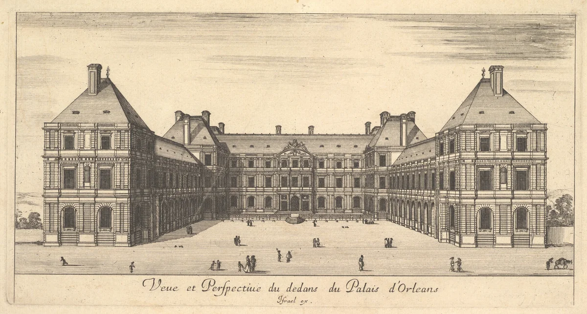 View and Perspective of the inside of the Palais d'Orleans, from "Various views of remarkable places in Italy and France" (Diverses vues d'endroits remarquables d'Italie et de France) by Stefano della Bella, print, 1649-1651