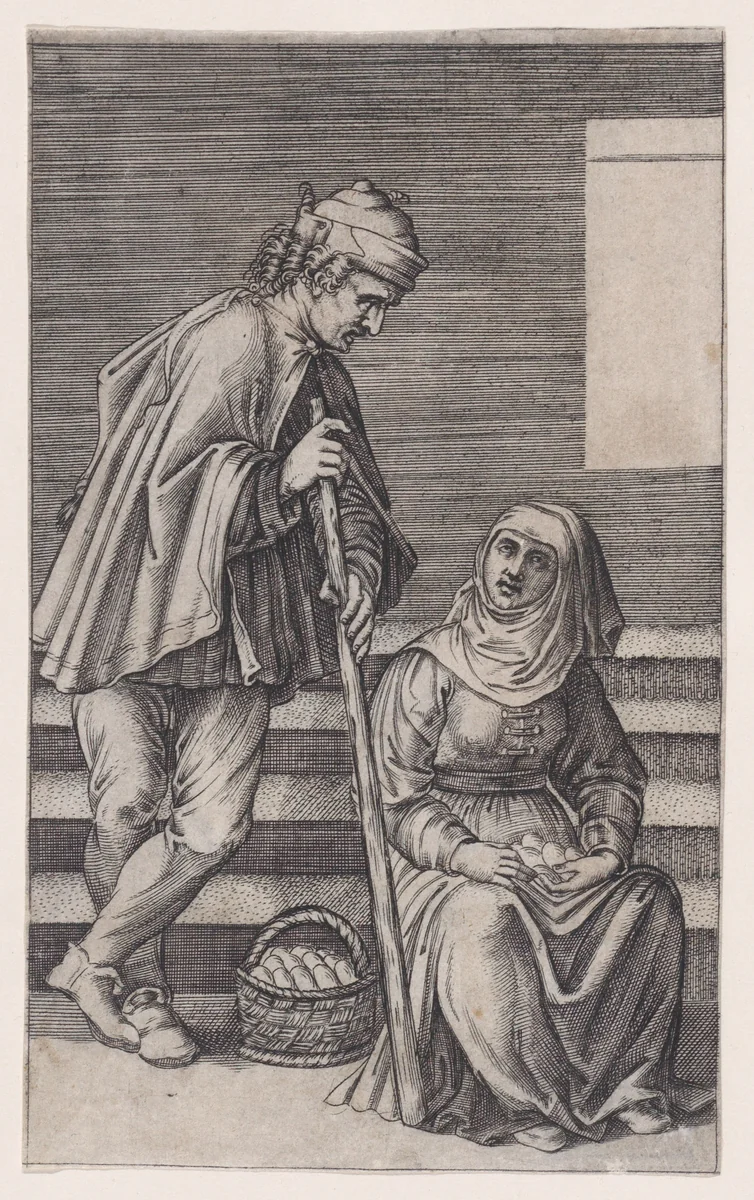 Peasant and a Woman with Eggs by Agostino Veneziano, print, 1514-1536