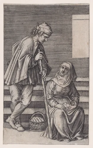 Peasant and a Woman with Eggs by Agostino Veneziano, print, 1514-1536