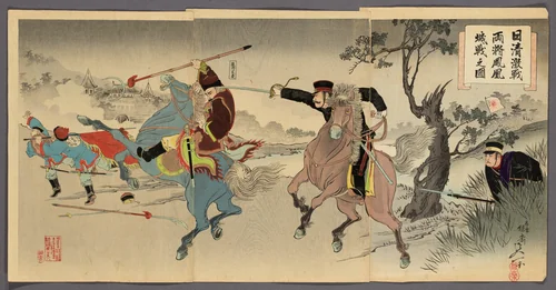 Sino-Japanese War: Two Generals at the Battle of Fenghuangcheng (Nisshin gekisen ryosho Hoojo sen no zu) by Yosai Nobukazu, print, 1894