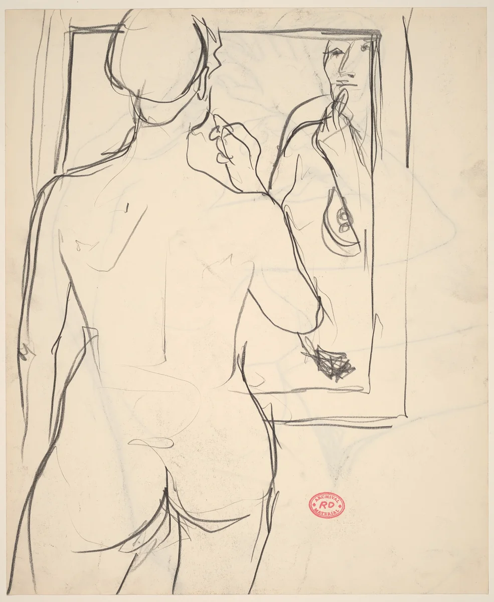 Untitled [standing nude applying lipstick in a mirror] [recto] by Richard Diebenkorn, drawing, 1955-1967