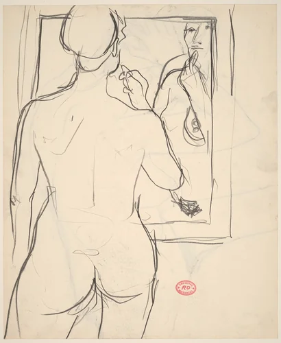 Untitled [standing nude applying lipstick in a mirror] [recto] by Richard Diebenkorn, drawing, 1955-1967