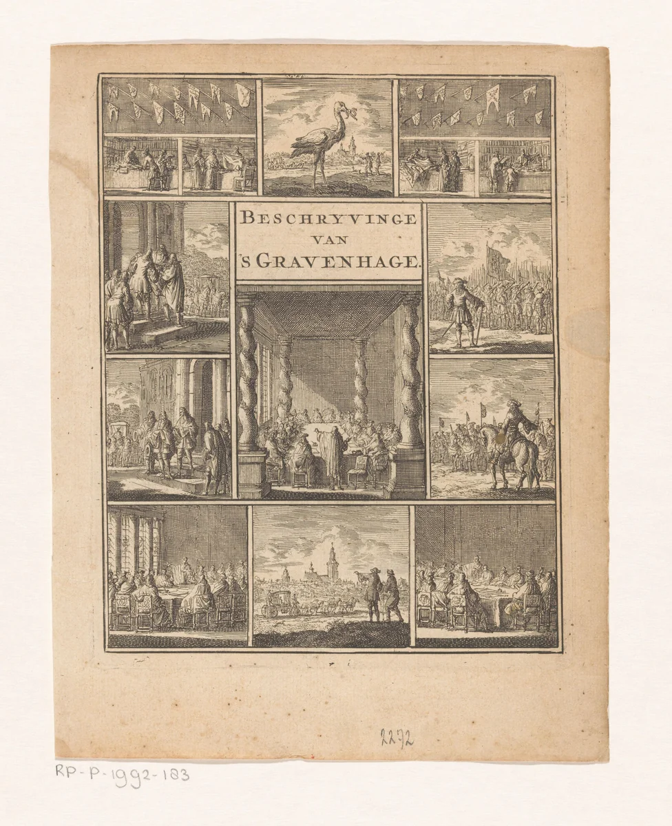 Elf voorstellingen waaronder vergaderingen en de Haage ooievaar by Jan Luyken, print, 1711
