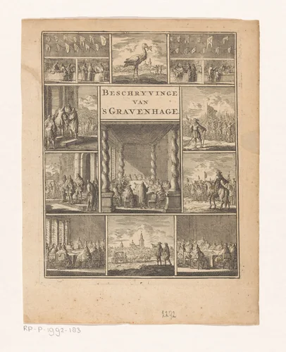 Elf voorstellingen waaronder vergaderingen en de Haage ooievaar by Jan Luyken, print, 1711