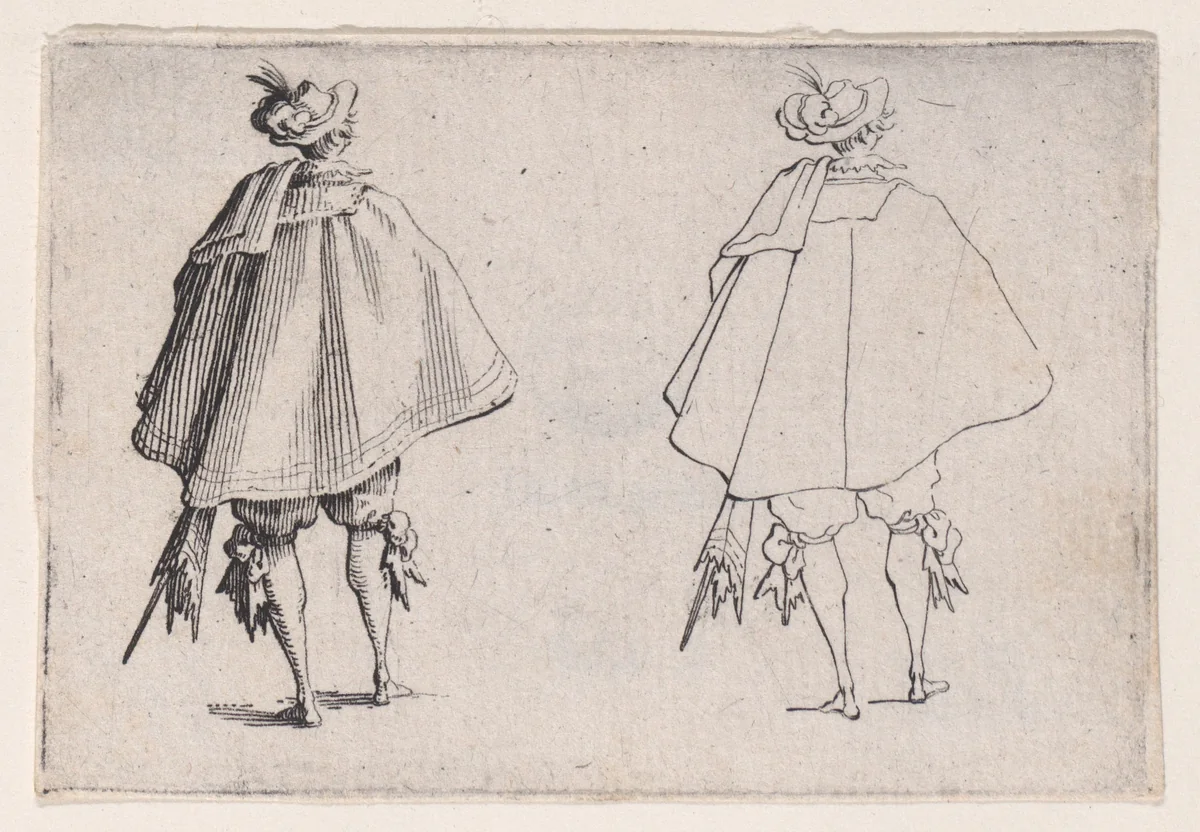 Le Gentilhomme au Grand Manteau, Vu de Dos (The Gentleman with the Large Mantle, Seen from Behind), from Les Caprices Series A, The Florence Set by Jacques Callot, print, 1617