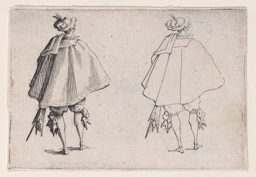 Le Gentilhomme au Grand Manteau, Vu de Dos (The Gentleman with the Large Mantle, Seen from Behind), from Les Caprices Series A, The Florence Set by Jacques Callot, print, 1617