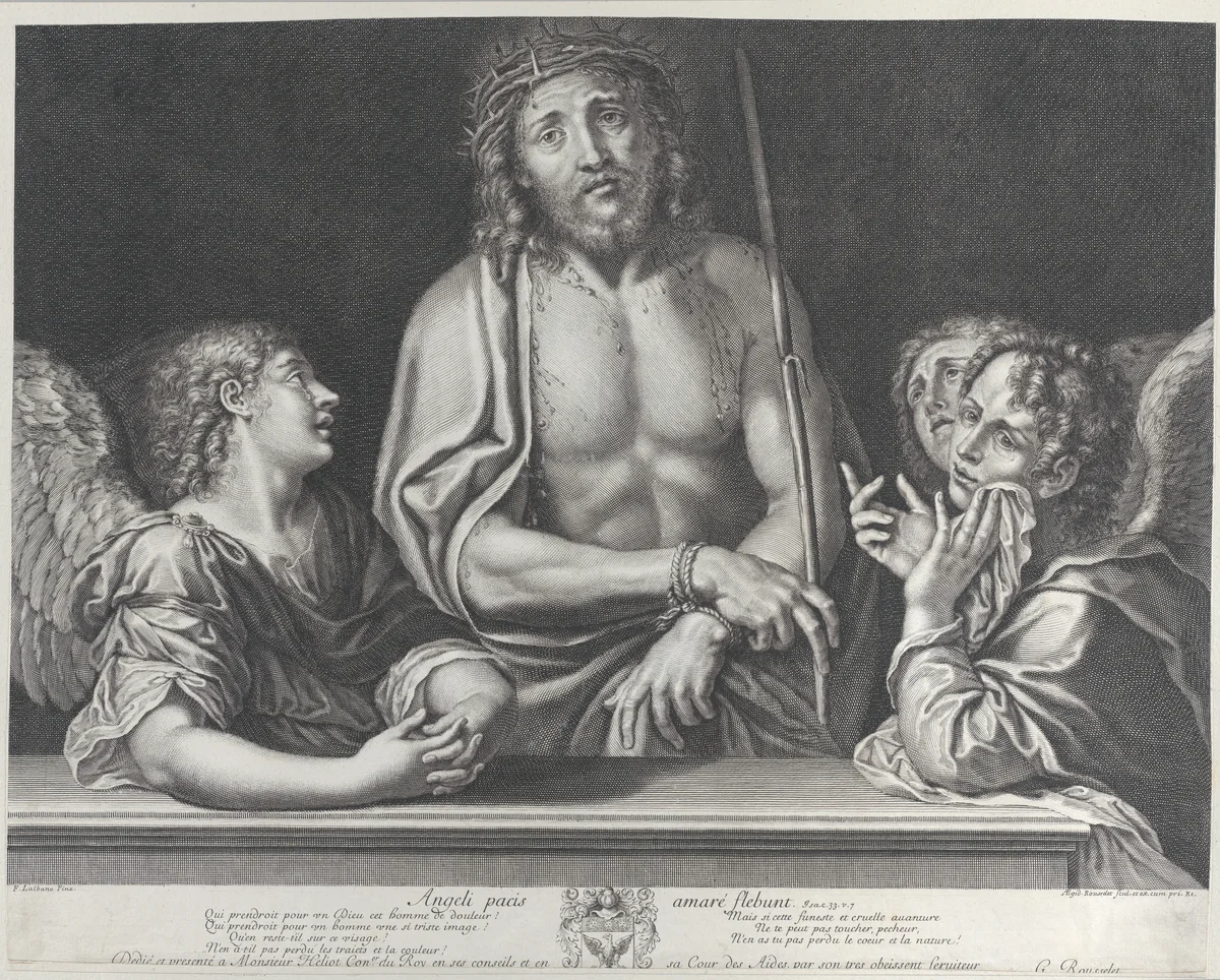 Ecce Homo with three angels by Gilles Rousselet, print, 1634-1686
