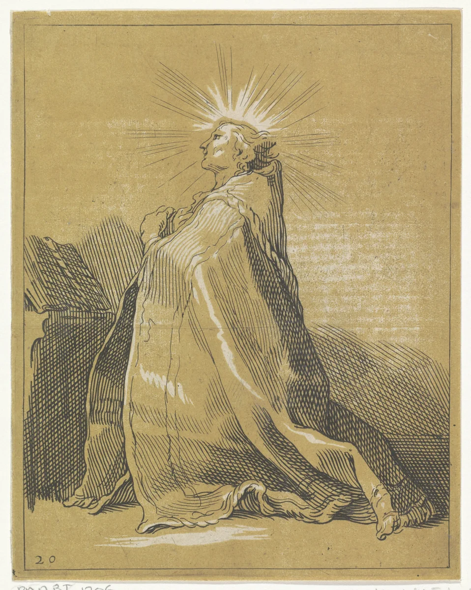 Knielende heilige in gebed by Frederick Bloemaert, print, 1650-1656