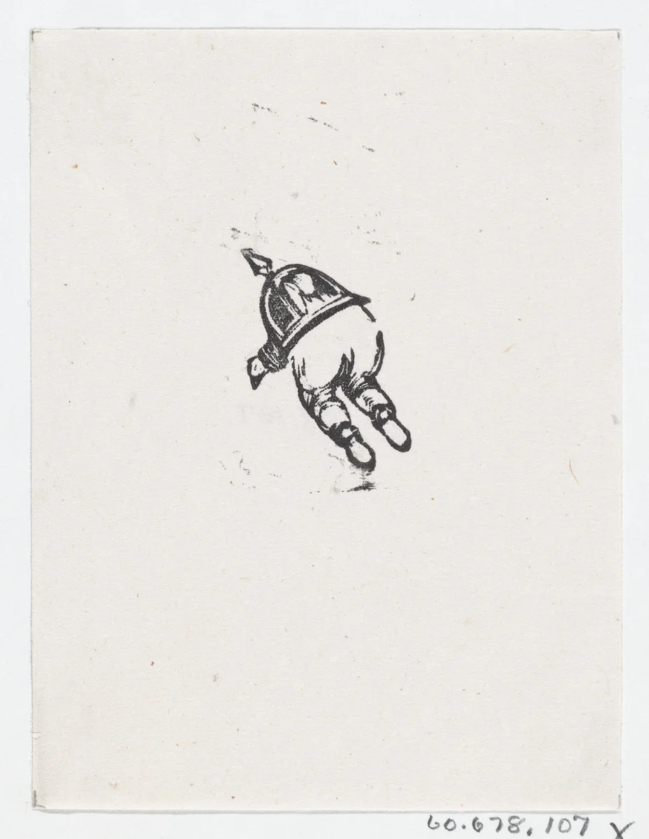 A helmet and a figure's lower body by José Guadalupe Posada, print, 1875-1885