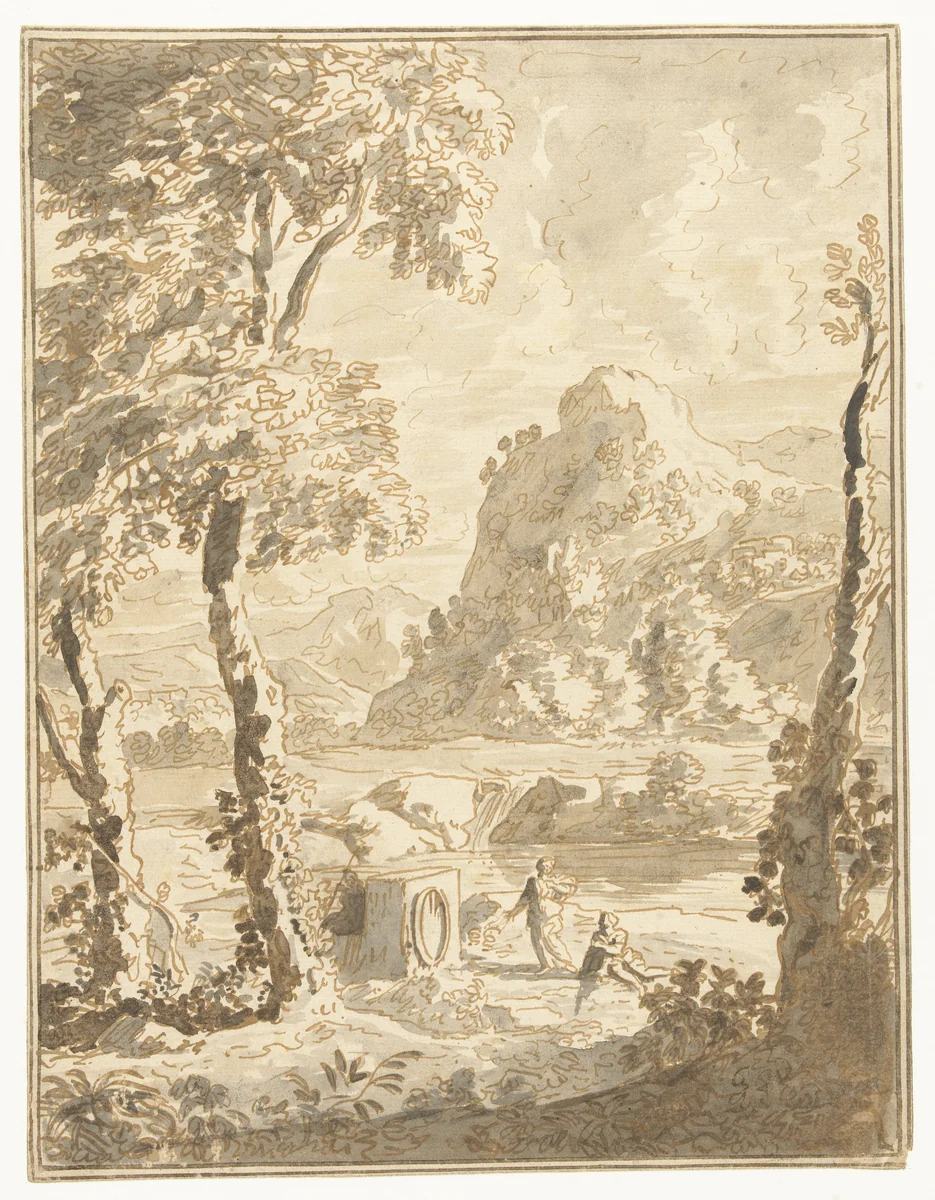 Arcadisch landschap met kleine figuren by Abraham Genoels, drawing, 1650-1723