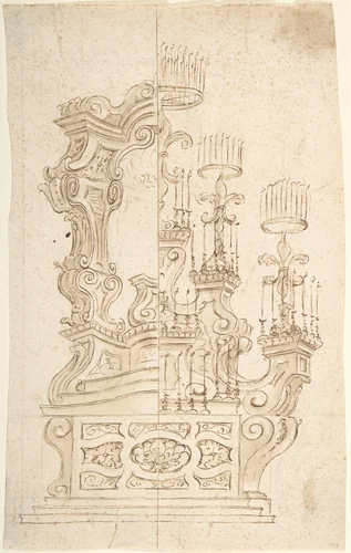 Two One Half Variant Designs for a Catafalque by anonymous, drawing, 1700-1780