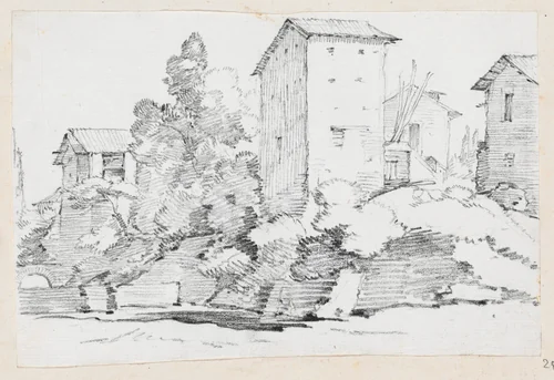 Italian Farm Buildings by a Stream by Joseph-Marie Vien, drawing, 1744-1750