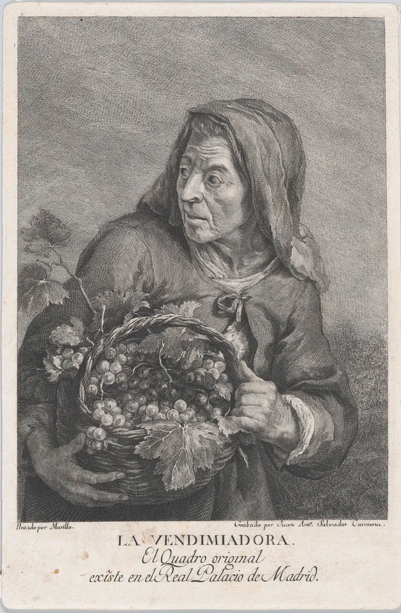 The grape-picker, and elderly woman holding a basket of grapes, after Murillo by Juan Antonio Salvador Carmona, print, 1775-1785