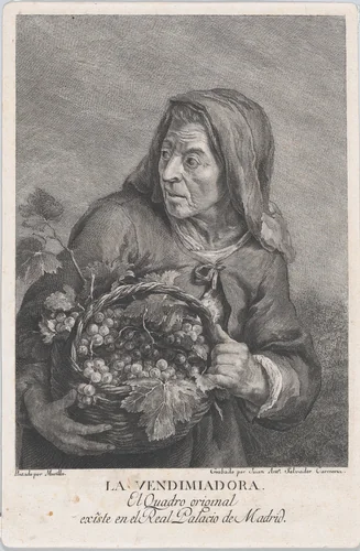 The grape-picker, and elderly woman holding a basket of grapes, after Murillo by Juan Antonio Salvador Carmona, print, 1775-1785