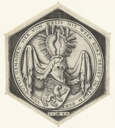 Wapen met een klimmende leeuw op een schild by Unknown, print, 1544